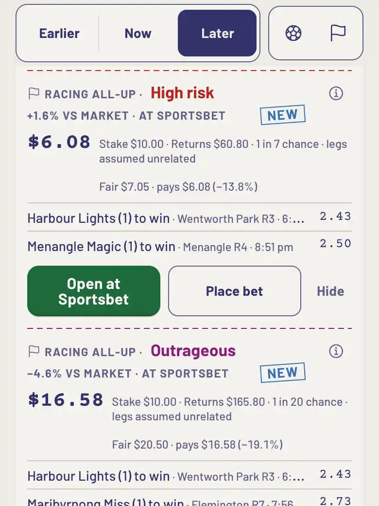 Today: an Earlier, Now and Later strip above a Racing all-up ticket marked High risk at $6.08, stake $10.00, returns $60.80, a 1 in 7 chance with legs assumed unrelated, Fair $7.05 · pays $6.08 (−13.8%), two runners with their race and jump time, and an Outrageous all-up starting below it.